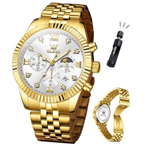 OLEVS Watches for Men Gold Stainless Steel Band, Classic Quartz Analog Wristwatch, White Dial Men's Dress Watch for Business and Daily Wear