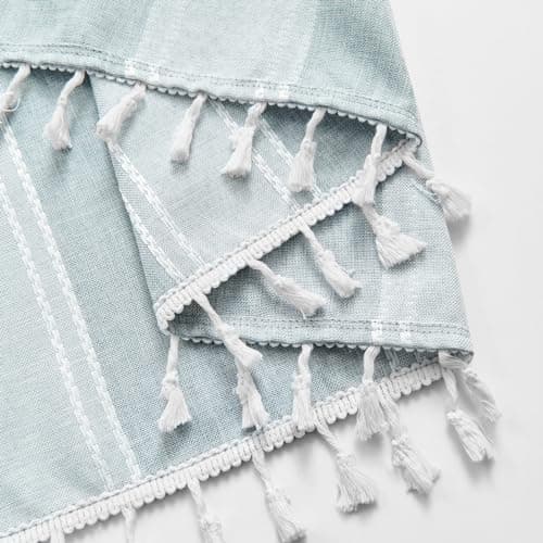 Home Queen Boho Striped Linen Window Curtain Valance with Tassel for Kitchen Bedroom Bathroom Farmhouse Curtain Valence Light Filtering Curtain Topper, 54W x 18L, Blue Gray - Thumbnail 3