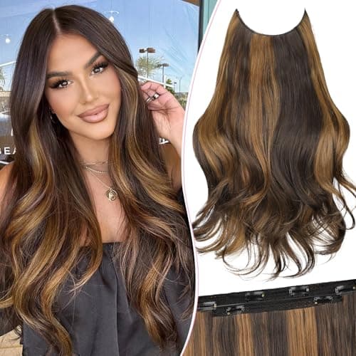 Invisible Wire Hair Extensions with Transparent Wire Adjustable Size 4 Secure Clips Long Wavy Secret Hairpiece 20 Inch for Women(Balayage Dark Brown to Chestnut) - Image 1