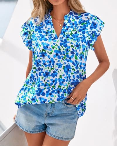 Zenlonr Womens Dressy Casual Tops 2026 Summer Ruffle Cap Sleeve V Neck Shirts Boho Floral Blouses Vacation Outfits(White Blue Flower,Small) - Thumbnail 5
