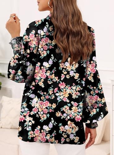 Dokotoo Womens Long Sleeve Tops for Women Work Business Button Down Ladies Blouses and Tops Loose Fit Dressy Allover Floral Print V Neck Office Boho Tunic Top 2026 Trendy Fall Outfits Black Large - Thumbnail 4