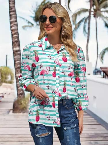 ZXZY Women Pineapple Printed Lapel Collar Half Sleeves Buttons Down Blouse Shirt - Thumbnail 6