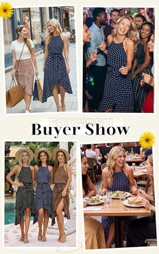 ECOWISH Polka Dot Women Summer Dress Midi A Line Ruffle High Low Sleeveless Boho Floral Halterneck Cocktail Tie Knot Sundress Blue Medium - Thumbnail 6