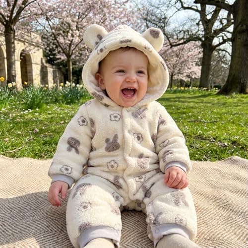 JiAmy Baby Snowsuit Newborn Animal Printed Outfits Infant Baby Fleece Detachable Hat Winter Clothes Jumpsuit Beige Rabbit 6-9 Months - Thumbnail 5