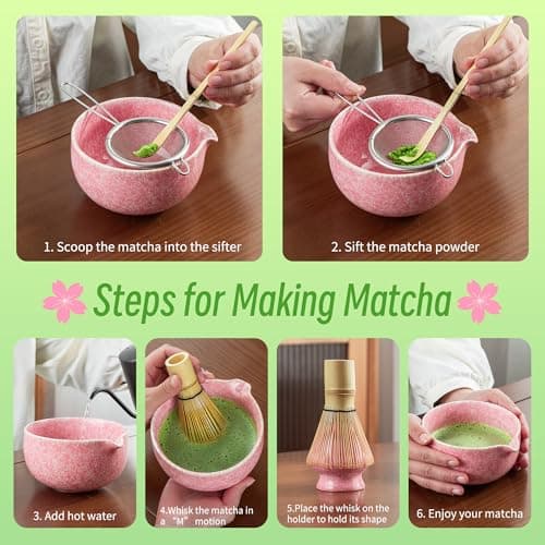 TEANAGOO Matcha Whisk Set,7 Pcs Matcha Set Pink,Ceremony Matcha Kit,Matcha Tea Set for Making Latte,Ceramic Bowl(chawan) whith Spout and Whisk,Gift for Matcha Lovers - Thumbnail 5