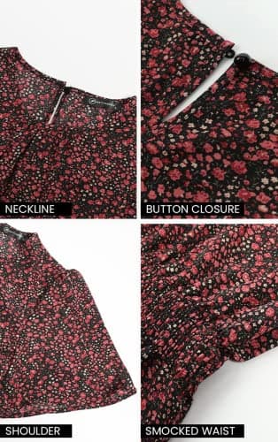 PRETTYGARDEN Women's Summer Casual Short Flutter Sleeve Round Neck Smocked Waist Tiered Boho Floral Flowy Maxi Dress(Floral Black and Red,X-Large) - Thumbnail 6