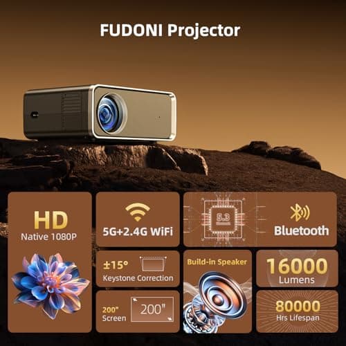 FUDONI Projector with WiFi and Bluetooth 4K Supported, Upgraded 16000L Outdoor Movie Projectors Native 1080P FHD, Video Projector for Home Theater, Compatible w/HDMI/USB/iOS/Android/Windows/TV Stick - Thumbnail 2