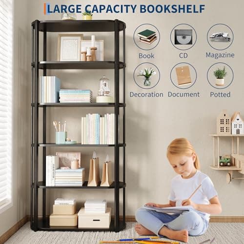 GarveeHome 71" Tall Book Shelf, Freestanding 6-Tier Wood Bookshelf with Sturdy Metal Frame, Modern Industrial Style Display Bookcase for Living Room, Bedroom, Home Office, Black - Thumbnail 3