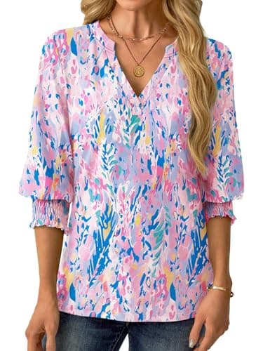 GKBK Womens 3/4 Sleeve Shirts V Neck Dressy Casual Spring Summer Blouses with Smocked Cuffs - Thumbnail 4