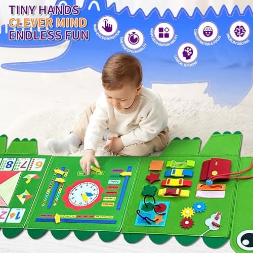 Rivibou Crocodile Foldable Activities Montessori Busy Board Toddler Busy Board Montessoris Toys for 3+ Years Old Wall Panel - Thumbnail 2