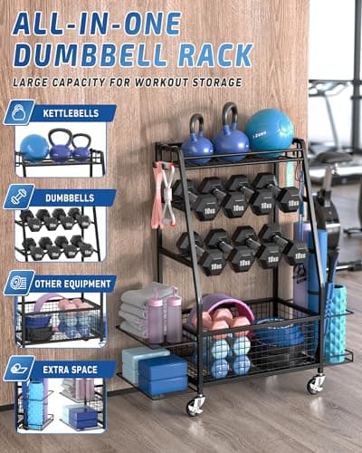 Staransun Staransun Dumbbell Rack Stand - Weight Rack for Dumbbells - Home Gym Storage Rack with 4 Flexible Wheels - Weight Rack for Home Gym with Side Storage and Hooks - Thumbnail 2