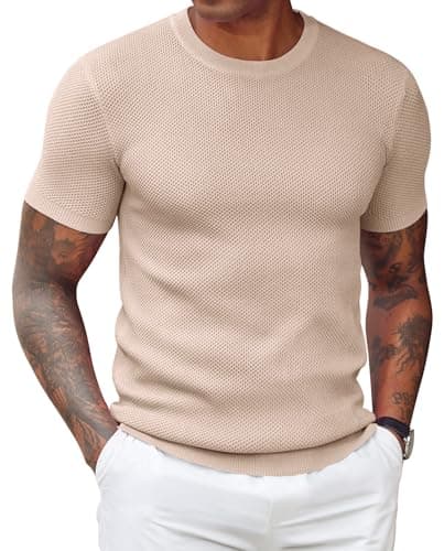 COOFANDY Mens Knit T Shirts Crewneck Dress Shirts Short Sleeve Under T Shirt Summer Resort Wear Khaki - Image 1