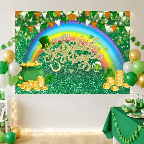 Happy St. Patrick's Day Backdrop Spring Irish Green Lucky Shamrock Leaves Photo Background for Saint Patrick's Day Birthday Baby Shower Party Decorations Photo Booth Props 5x3ft - Thumbnail 4