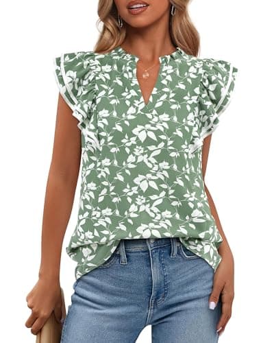 BTFBM Womens Tops Dressy Casual 2026 Spring Summer Shirts Boho Floral V Neck Ruffle Cap Sleeve Business Work Blouses(Leaves Light Green, X-Large) - Image 1