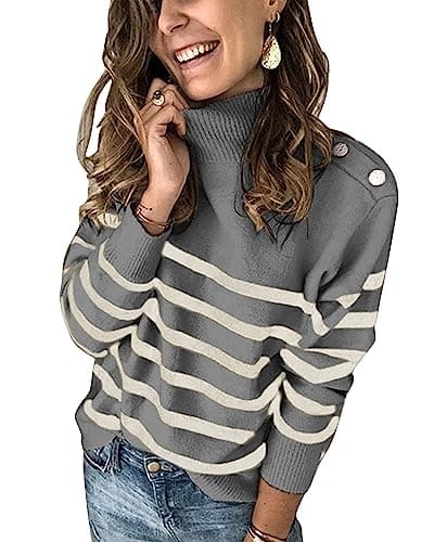 KIRUNDO Fall Sweaters for Women 2026 Striped Turtleneck Ribbed Knit Sweater Trendy Pullover Jumper Winter Fashion Clothing(Large, Gray) - Image 1