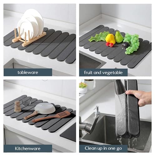 24"×16" Grey Stone Dish Drying Mats for Kitchen Counter, Large Quick Dry Collapsible Eco-Friendly Super Absorbent Diatomaceous Earth Heat-resistant Mat for Dishes Bottles Cups, Match Any Countertop - Thumbnail 5