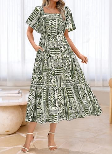 BTFBM Women's Clothing Wedding Guest Dresses Casual Boho Floral Short Sleeve Smocked Maxi Beach Spring Summer Dress 2026(Floral Grass Green, Large) - Thumbnail 3