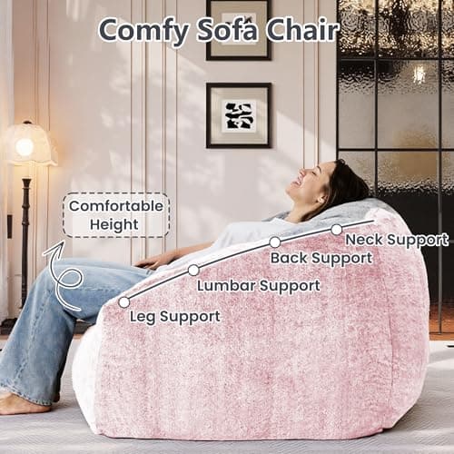 lilanoon Bean Bag Chairs for Adults, Giant Beanbag Sofa Comfy Reading Chair, Oversized Bean Bag Chairs for Living Room Bedroom, Soft Faux Fur Fabric, 3.2FT, Pink, Plush - Thumbnail 4
