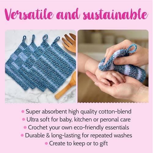 KnitPal Everyday Joy Crochet Kit for Confident Beginners – Make 4 Reusable 7.5 x 7.5 in Dishcloths – with Cotton to The Core Yarn (#3 DK), Hook, Patterns & Video Tutorials (Jean Blue + Sky Blue) - Thumbnail 4