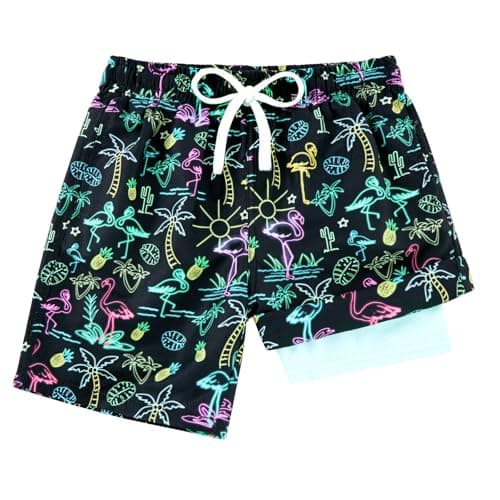Cozople Boys Compression Swimsuit UPF Swimming Trunk Neon Coconut Tree Flamingo Swim Short with Boxer Brief Liner Quick Dry Black Swimwear Stretchy Bathing Suit Size 8 - Image 1