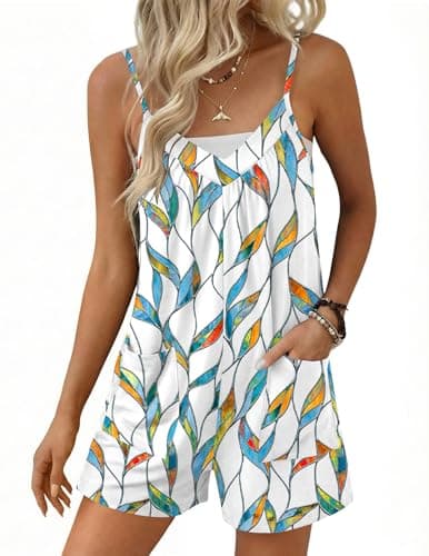 Ekouaer Womens Summer Casual Sleeveless Rompers 2026 Floral Loose Shorts Overalls Adjustable Boho Jumpsuits with Pockets White Leaves Print Small - Image 1