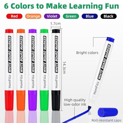 HomFilix White Board Markers Dry Erase 36 Pack, 6 Assorted Colors (Red/Blue/Black/Green/Orange/Purple) with 2 mm Bold Bullet Tip, Plant-Based Low-Odor Ink | Bulk Dry Erase Marker Set for Office Use - Thumbnail 2