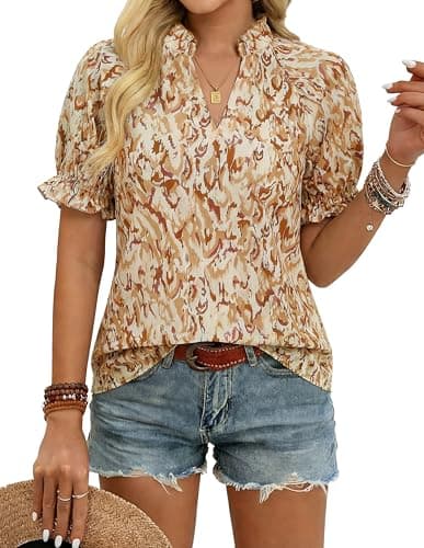 GRACE KARIN Womens Boho Tops Summer Spring Cotton Floral Blouses Short Sleeve Print Shirts V Neck Beach Vacation Clothes 2026 Khaki Wave Small - Image 1