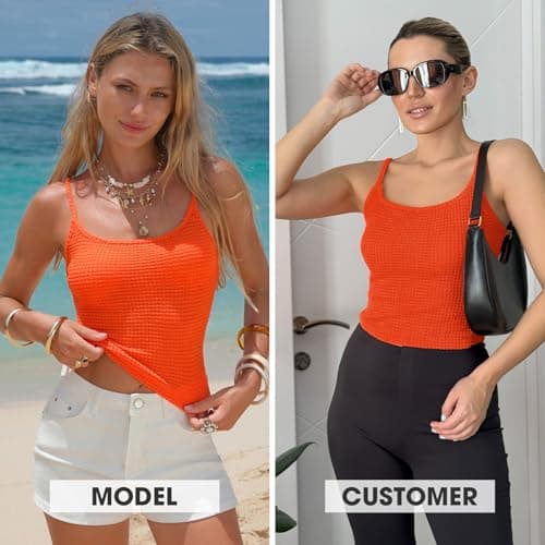 EXLURA Women's Crochet Crop Tops Hollow Out Knit Cami Adjustable Spaghetti Strap Layering Tank Top Boho Resort Beach Outfits Orange - Thumbnail 2