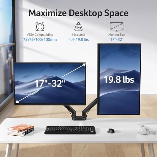 Acer Dual Monitor Arm, Computer Desk Arm with VESA Mounts for 17–32″ Screens, Fully Adjustable Gas Spring Monitor Stand, C-Clamp and Grommet Mounting Base, Fits 4.4 to 19.8lbs Computer Monitors - Thumbnail 2