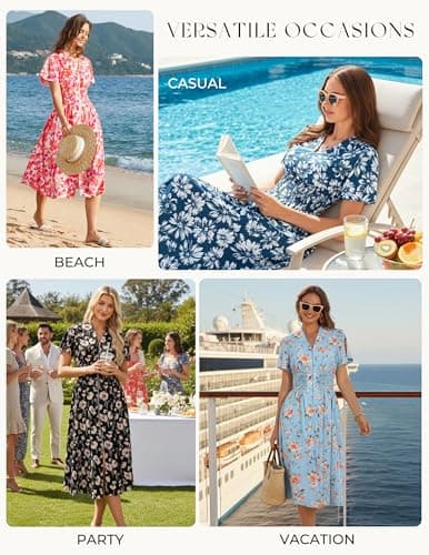 GRACE KARIN Womens Summer Maxi Floral Dress Casual 2026 Long Zipper Dresses Boho Flowy Beach Vacation Sundress with Pockets Red Floral S - Thumbnail 6