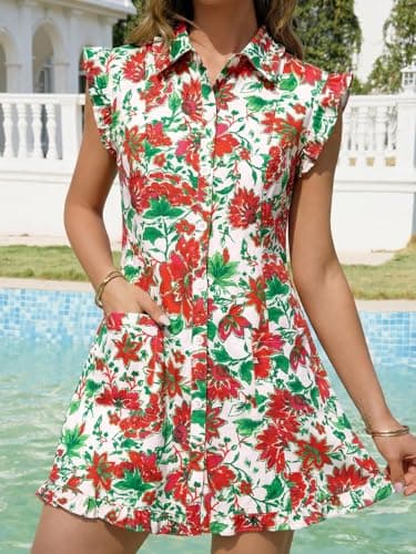 Wenrine Womens Summer Floral Mini Dress Casual Button Down Collared Ruffle Loose Boho Beach Shirt Dresses with Pockets - Thumbnail 3