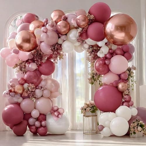 Dusty Rose Pink Balloon Garland Double Stuffed Dark Pink Mauve Pearl White Latex Balloons Blush Cream Balloon Arch Kit for Birthday Bridal Baby Shower Wedding Mother's Day Party Decorations - Image 1