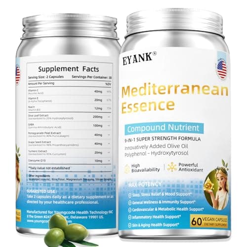 EYANK 9-in-1 Mediterranean Metabolic Health Olive Leaf Extract Supplement(25% Hydroxytyrosol), USA Made, Antioxidant Supplement for Immune Sleep & Mood Support- 60 Capsules - Image 1
