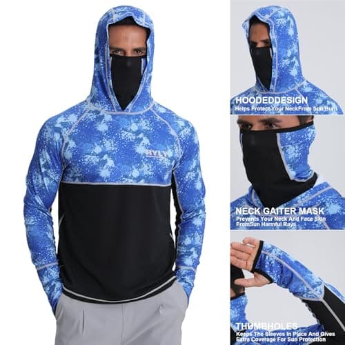 Men's Fishing Shirts with Mask Cap Sun Protection Hoodie Rash Guard Shirts Long Sleeve UPF 50+ Hiking Shirt(2XL) - Thumbnail 3