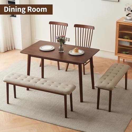 Jimenuco 47'' Solid Wood Dining Bench with Cushion, Faux Leather Upholstered Bench for Dining Room Table, Kitchen, Entryway, or Bedroom End of Bed, Beige - Thumbnail 4