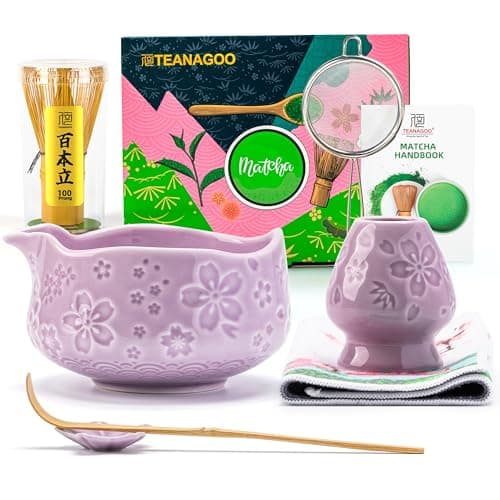 TEANAGOO 7-PCS Purple Matcha Whisk Set with Cherry Blossom Design, Complete Ceremony Kit, Ceramic Chawan Bowl with Spout, Whisk & Accessories, Traditional Matcha Tea Set for Lattes& Gift Giving - Image 1
