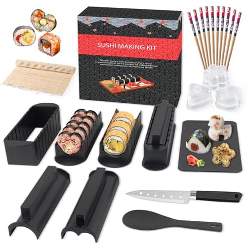 HI NINGER Sushi Maker Set, 24-piece sushi maker kit for beginners to make their own sushi. Can be used as a sushi plate with rice roll molds, knife, sushi plate,sushi rolling mat (Black) - Image 1