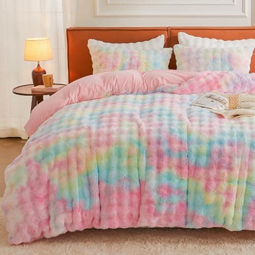 EMME Faux Fur Duvet Cover Queen Size, 3 Pieces Ultra Soft Fluffy Comforter Cover, Cozy Warm for Winter, Luxury Elegant Shaggy Bubble Design Bedding, 1 Duvet Cover & 2 Pillow Shams (Queen, Rainbow) - Image 1