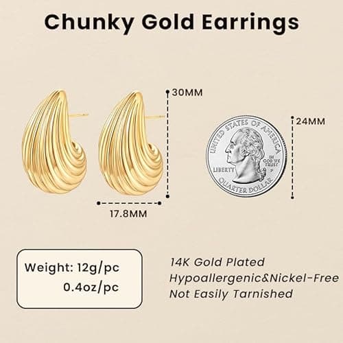 Jurikko Teardrop Gold Chunky Hoop Trendy Earrings for Women, Shell Hollow Hyperallergenic 14K Gold Plated Drop Earrings Fashion Jewelry Gift - Thumbnail 2