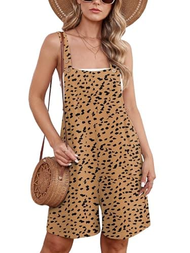 Moodclo Women's Summer Rompers Almond Leopard Large Casual Adjustable Loose Short Overalls with Pockets Jumpsuits For Women 2025 Beach Vacation Outfits - Image 1