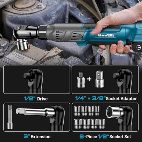 1/2" Cordless Electric Ratchet Wrench, 66Ft-lbs Battery Ratchet Wrench 21V Max, Brushless Motor, Variable Speed Trigger, 2x 2.0Ah Batteries & Charger, 8 Sockets, 1/4" & 3/8" Adapter, 3" Extension Bar - Thumbnail 3
