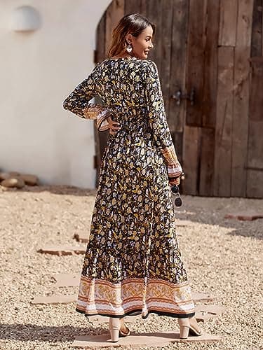 PRETTYGARDEN Long Flowy Dresses for Women - V Neck Casual Button Down Boho Floral Maxi Dresses (Black Yellow,Small) - Thumbnail 2