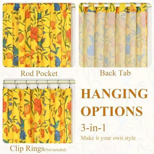 JOOJA Bird Floral Linen Bedroom Curtains 2 Panels 84 Inches Mustard Yellow Printed Window Patterned Colorful Kitchen Sheer Curtains for Bedroom Living Room Semi Blackout - Thumbnail 4