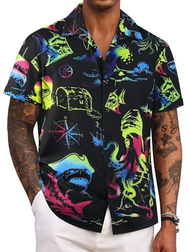 RMCMS Men’s Funny Hawaiian Shirt Summer Beach Short Sleeve Button Down Shirt Pirate Theme Party Shirt Outfits Black 2X - Image 1
