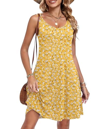 AUSELILY Women's Summer V Neck Dress Spaghetti Strap Beach Cover Up Sleeveless Floral Casual Short Mini Dress with Pocket Yellow Floral S - Image 1