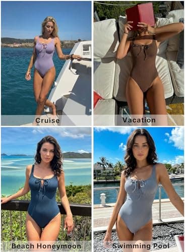 Aleumdr Womens Textured One Piece Bathing Suits Tummy Control Swimsuits Padded Push Up Bathing Suits Full Coverage Swimwear Lavender Purple Large - Thumbnail 5