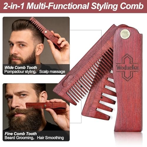 Woduelka 2 In 1 Folding Pocket Comb - Wooden Beard & Hair Styling Tool for Men, Fine Tooth & Wide Tooth Small Comb for Grooming Hair, Beards and Mustache, 180° Rotatable for Outdoor Travel & Home Use - Thumbnail 2