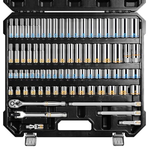 BOEN 3/8-Inch Drive Socket Wrench Set, 76-Piece Metric (6-24mm) & SAE (1/4" to 1"), Deep & Shallow Kit with Embossed & Painted Markings, Ratchet Handle, Spark Plug Sockets, Breaker Bar - Image 1