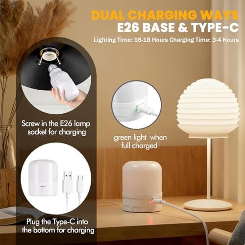 2-Pack Rechargeable Magnetic LED Light Bulb, E26 RGB Color Changing Bulb with Remote, 3 Color Temperatures Dimmable, 2000mAh Battery Operated with Timer, IP44 Waterproof for Sconces, Lamps, Camping - Thumbnail 5