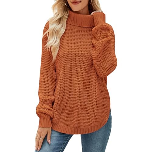 QIANSIQIANBO Women's Sweaters Fall Ribbed Knit Turtleneck Sweater Loose Casual Long Sleeve Split Soft Pullover Top (S) Rust - Image 1